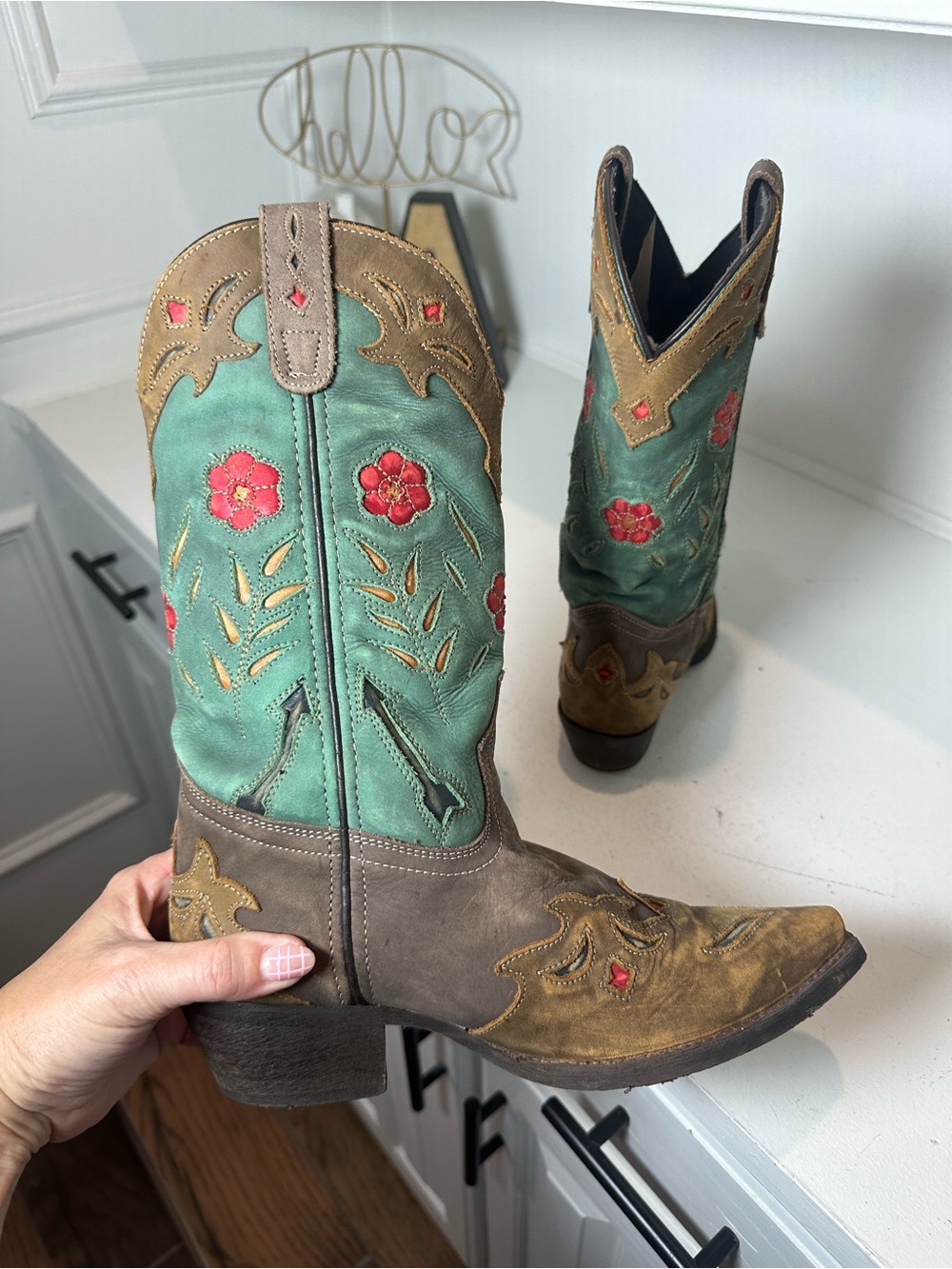 Laredo Women’s Cowboy Boots Size 6.5M Turquoise Teal & Brown Floral Embroidered - Picture 7 of 9